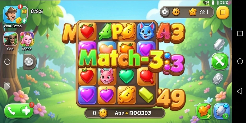 Screenshot MPO303 menampilkan serunya gameplay Match-3 yang penuh warna.